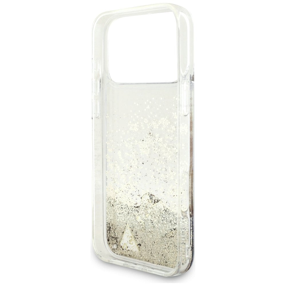 Guess Liquid Glitter 4G piekariņu vāciņš iPhone 18 Pro Max / 17 Pro Max, zelta krāsā