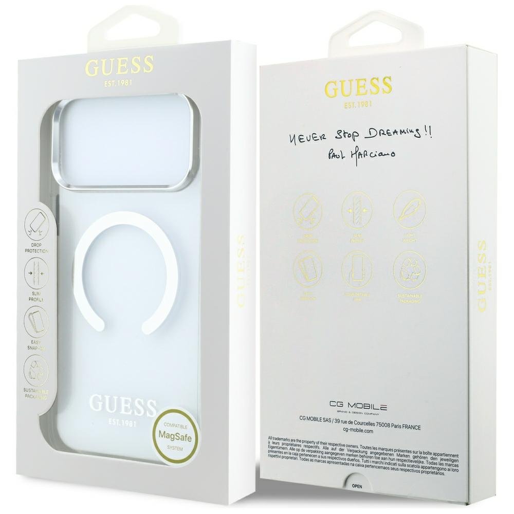 Guess Metal Outline MagSafe vāciņš iPhone 18 Pro Max / 17 Pro Max, sudraba krāsā
