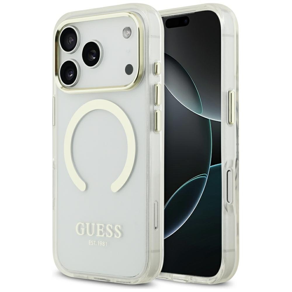 Guess Metal Outline MagSafe vāciņš iPhone 18 Pro / 17 Pro zelta krāsā