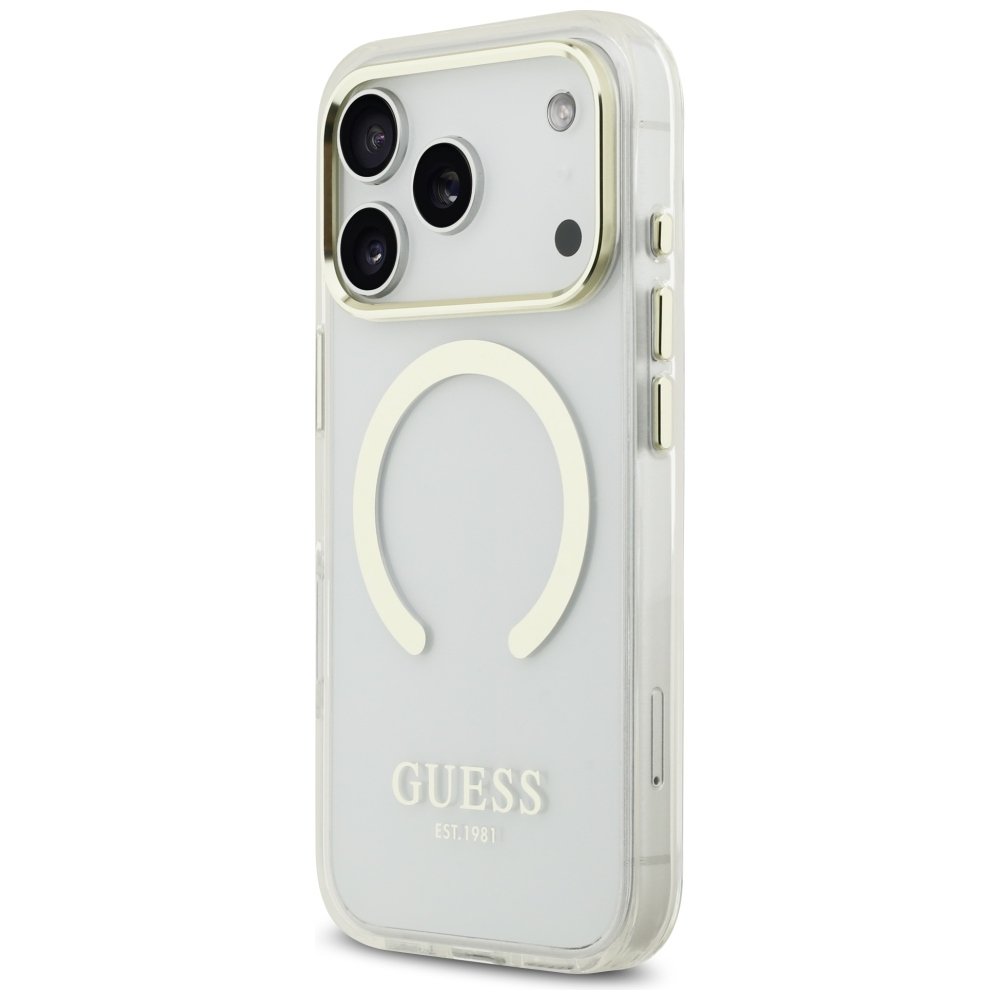 Guess Metal Outline MagSafe vāciņš iPhone 18 Pro / 17 Pro zelta krāsā