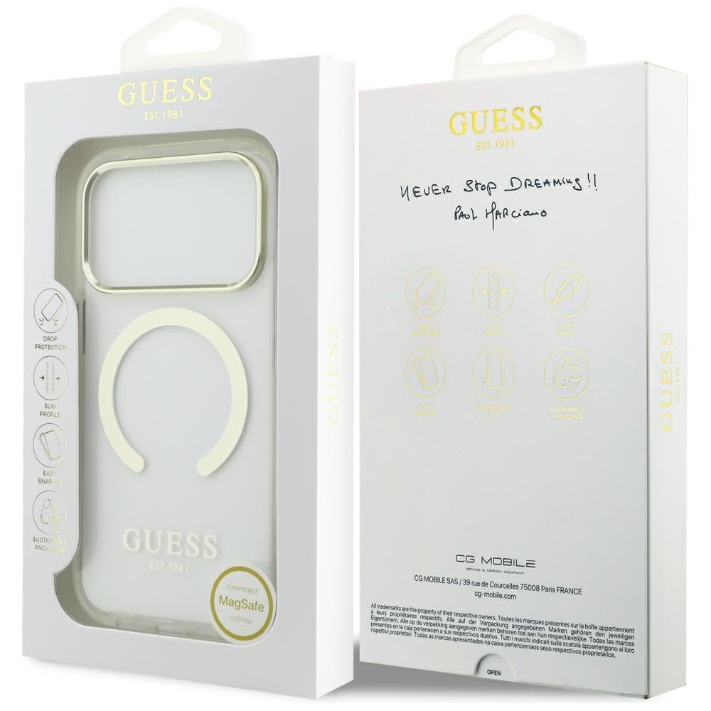 Guess Metal Outline MagSafe vāciņš iPhone 18 Pro / 17 Pro zelta krāsā