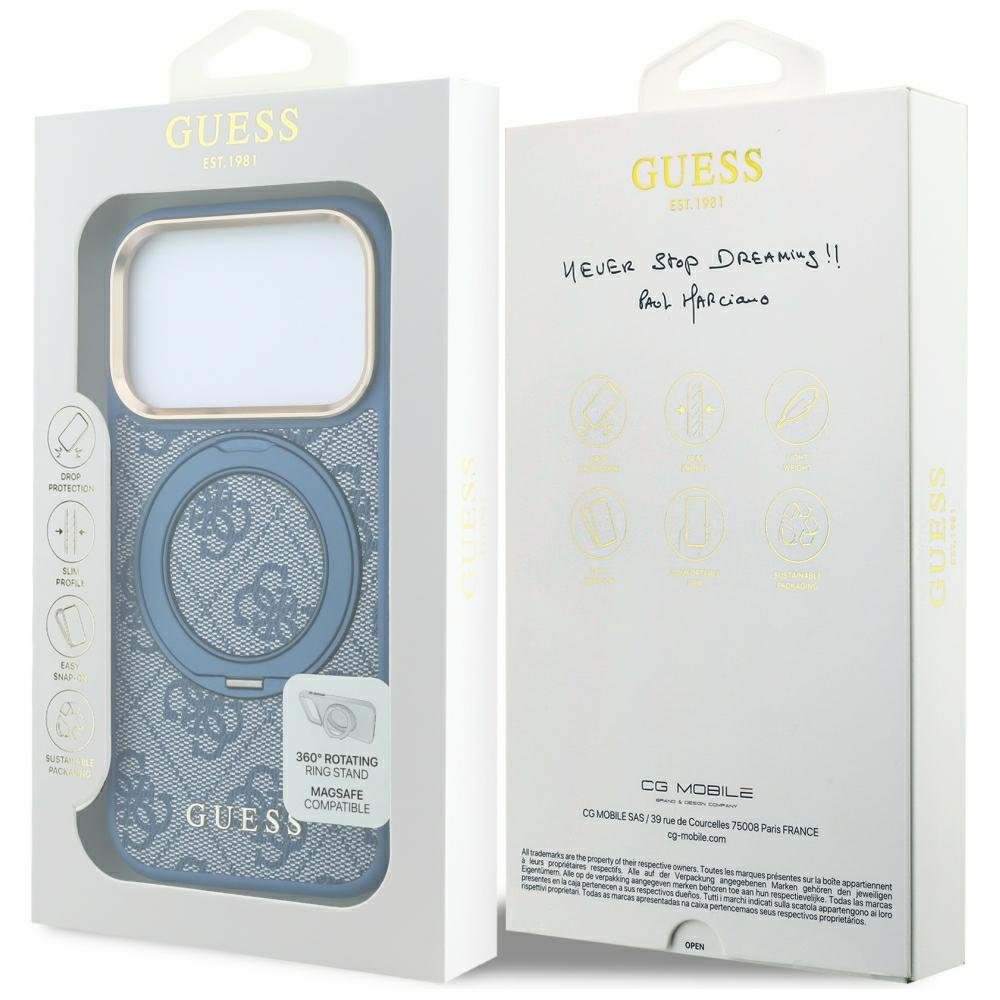 Guess Ring Stand 360 4G Classic Logo MagSafe vāciņš iPhone 18 Pro / 17 Pro, zils