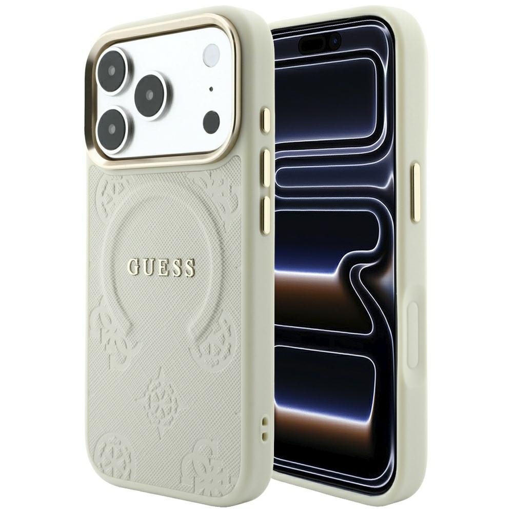 Guess Saffiano Peony & Ring MagSafe vāciņš iPhone 18 Pro Max / 17 Pro Max, smilškrāsā