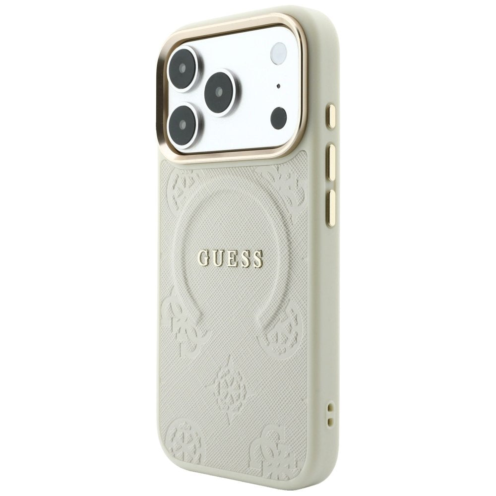 Guess Saffiano Peony & Ring MagSafe vāciņš iPhone 18 Pro Max / 17 Pro Max, smilškrāsā