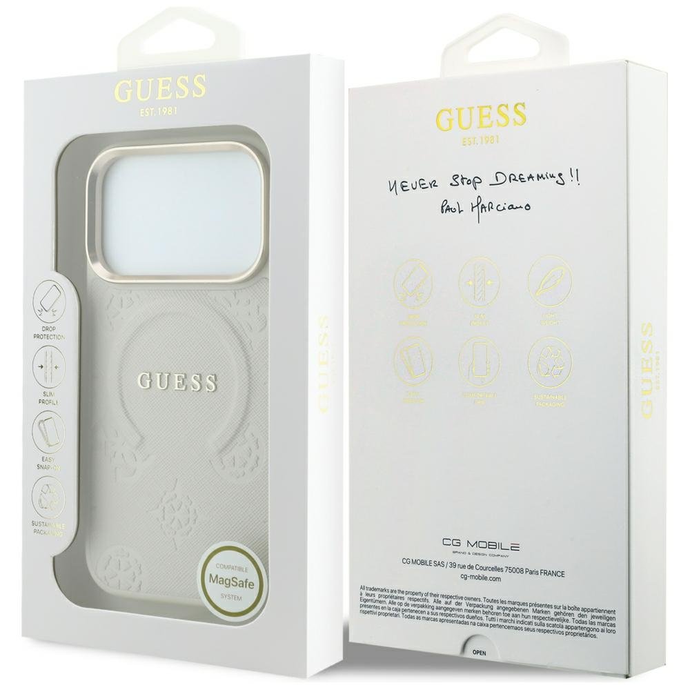 Guess Saffiano Peony & Ring MagSafe vāciņš iPhone 18 Pro Max / 17 Pro Max, smilškrāsā