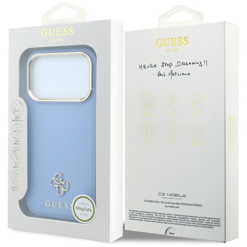 Guess Saffiano Small 4G un Classic Logo MagSafe vāciņš iPhone 18 Pro / 17 Pro, gaiši zils