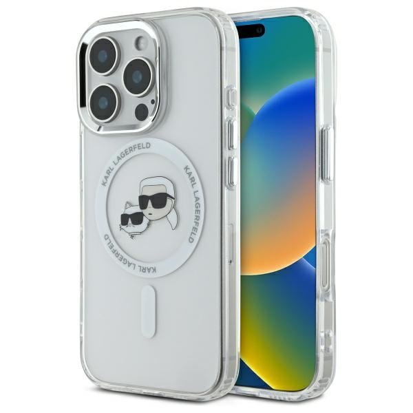 Karl Lagerfeld vāciņš iPhone 16 Pro 6,3" KLHMP16LHLSKCH balts, cietais IML, metāls, ar Karl&Choupette galvu, MagSafe