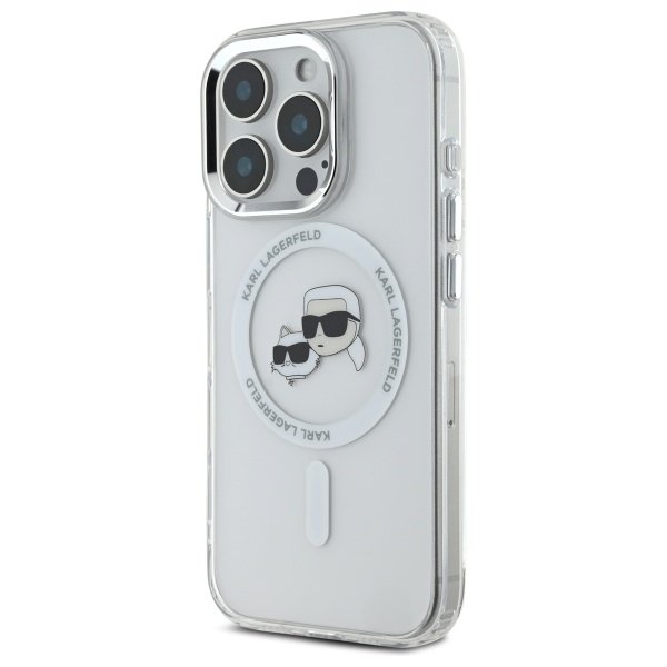 Karl Lagerfeld vāciņš iPhone 16 Pro 6,3" KLHMP16LHLSKCH balts, cietais IML, metāls, ar Karl&Choupette galvu, MagSafe