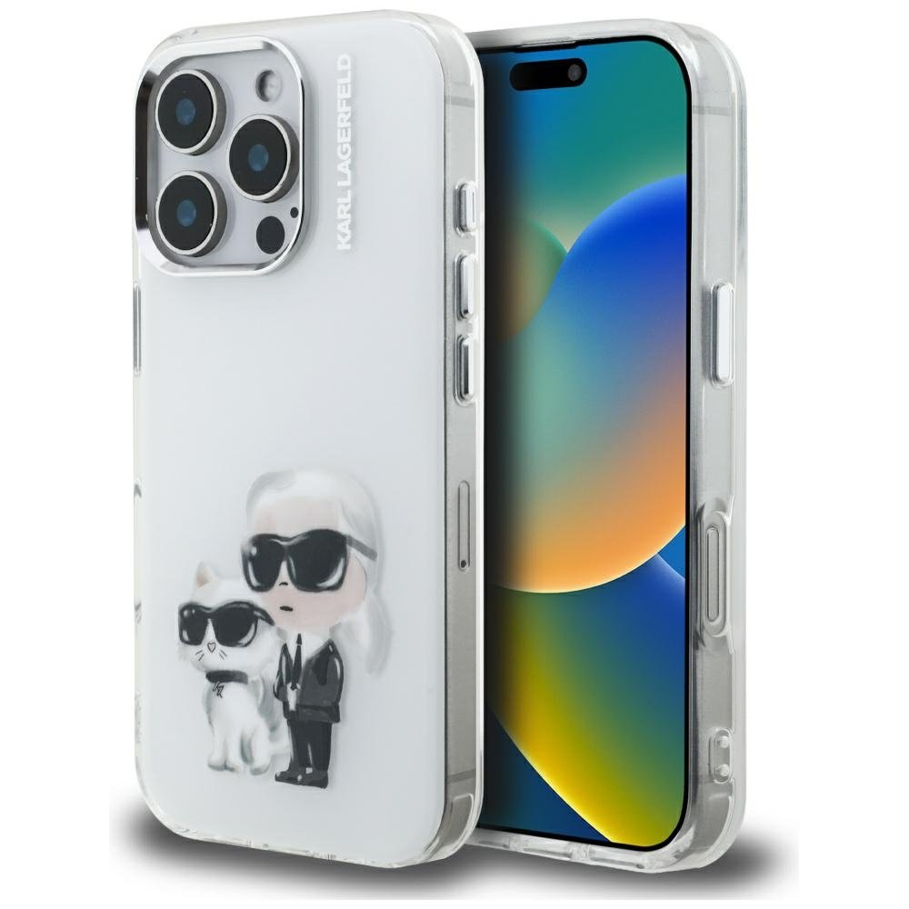 Karl Lagerfeld IML Aquarelle Karl & Choupette & Logo iPhone 16 Pro vāciņš, balts