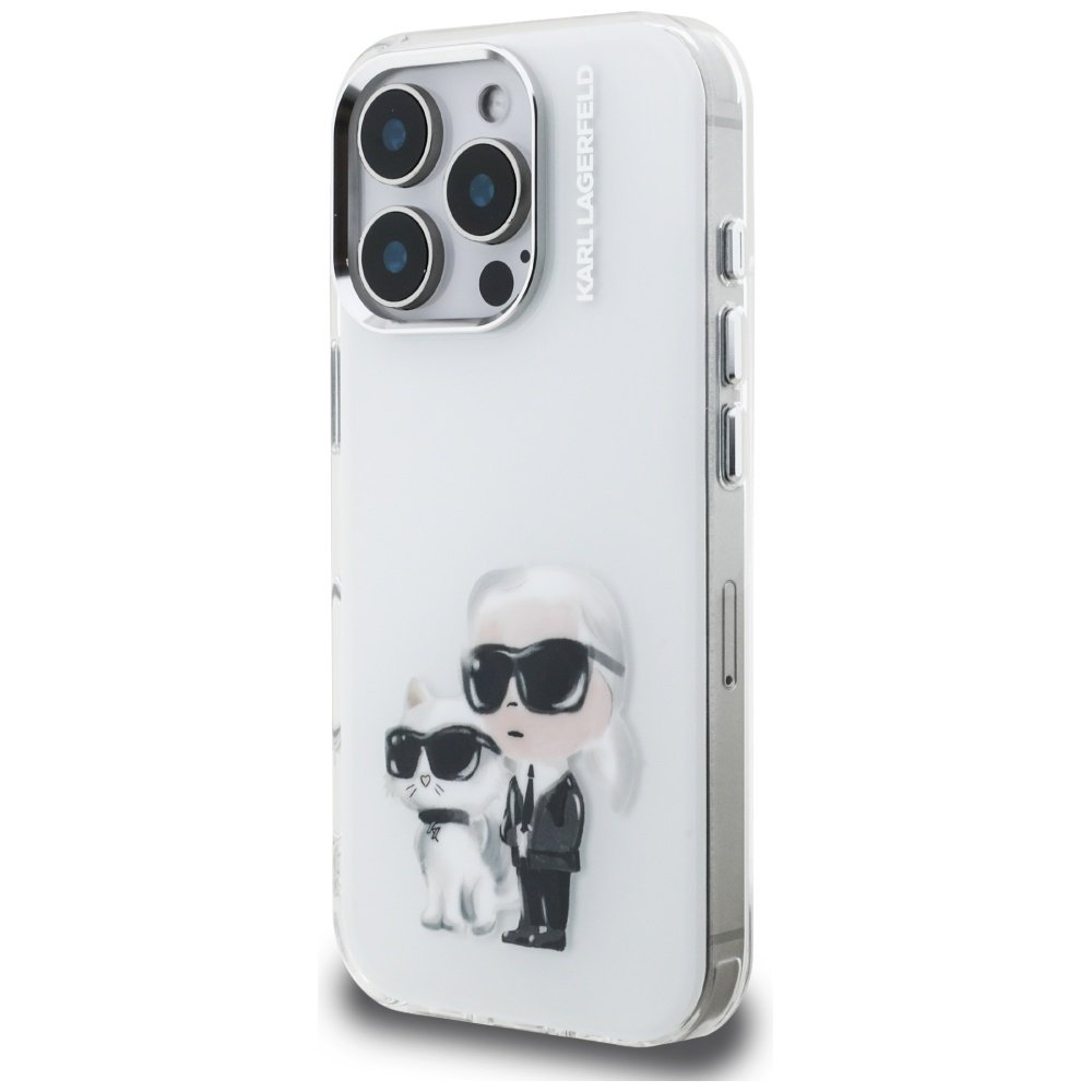 Karl Lagerfeld IML Aquarelle Karl & Choupette & Logo iPhone 16 Pro vāciņš, balts
