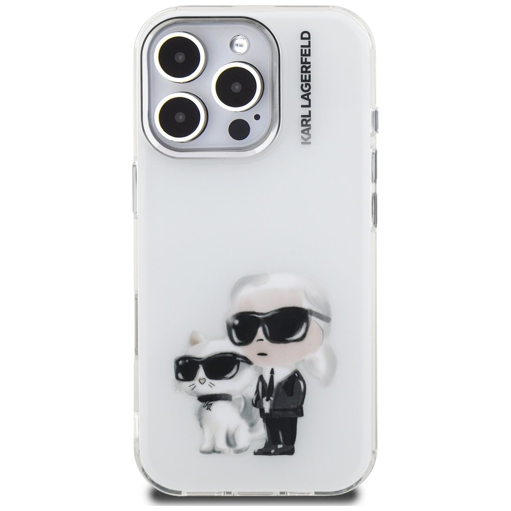 Karl Lagerfeld IML Aquarelle Karl & Choupette & Logo iPhone 16 Pro vāciņš, balts