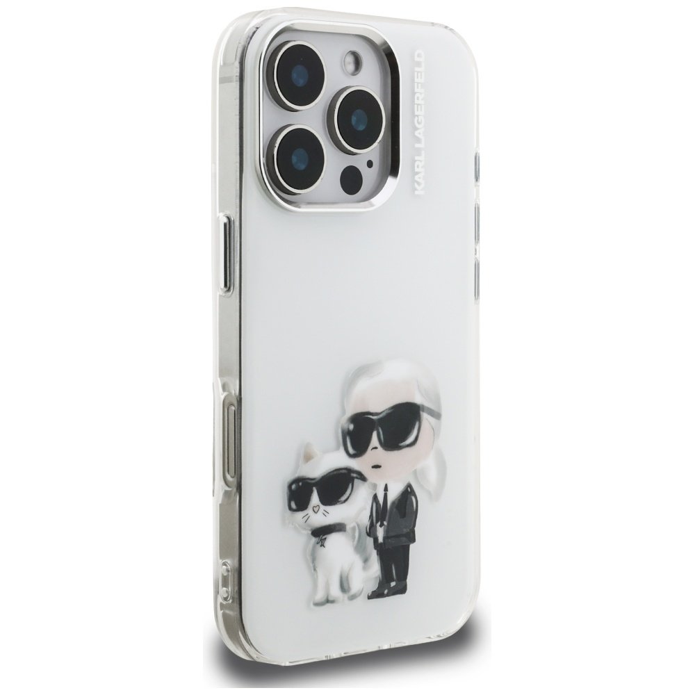 Karl Lagerfeld IML Aquarelle Karl & Choupette & Logo iPhone 16 Pro vāciņš, balts