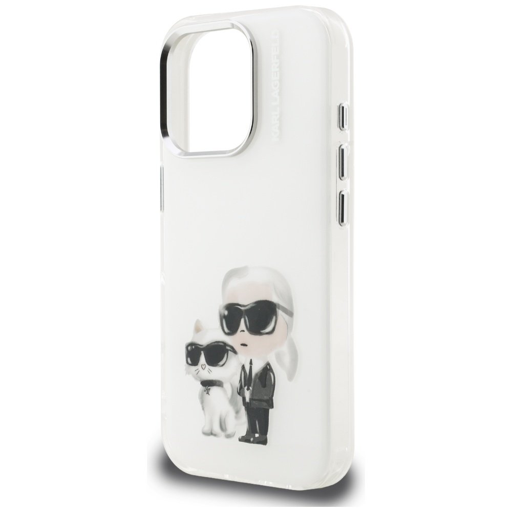 Karl Lagerfeld IML Aquarelle Karl & Choupette & Logo iPhone 16 Pro vāciņš, balts