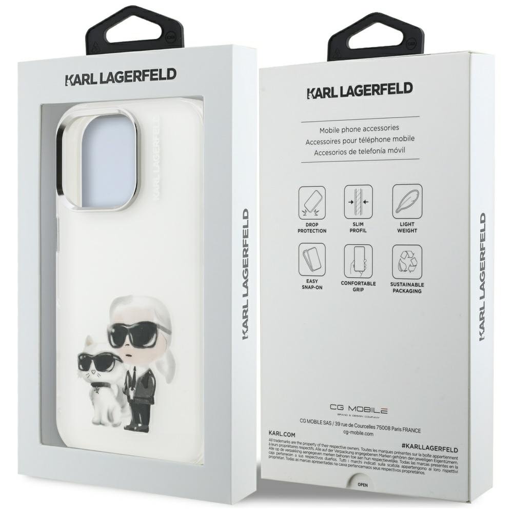 Karl Lagerfeld IML Aquarelle Karl & Choupette & Logo iPhone 16 Pro vāciņš, balts