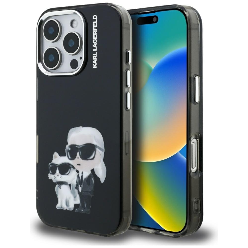 Karl Lagerfeld IML Aquarelle Karl & Choupette & Logo iPhone 16 Pro vāciņš, melns