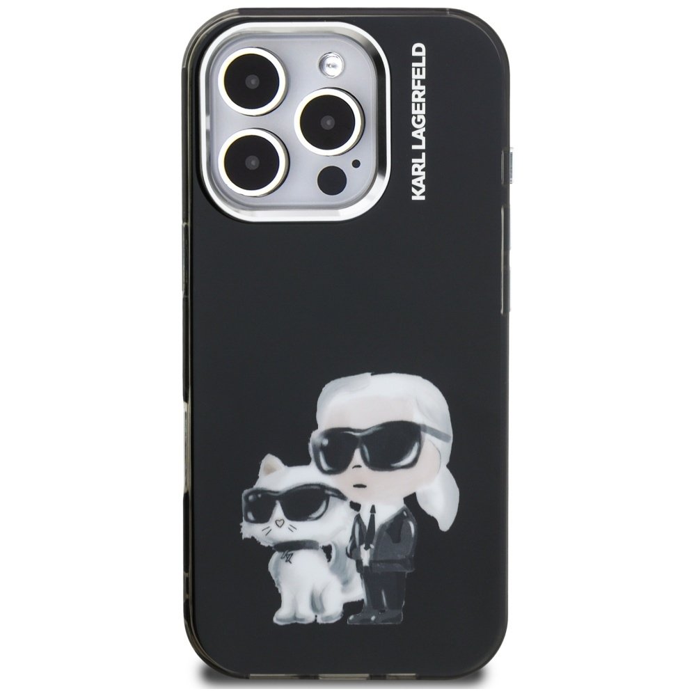 Karl Lagerfeld IML Aquarelle Karl & Choupette & Logo iPhone 16 Pro vāciņš, melns