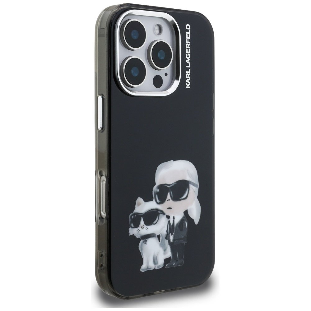 Karl Lagerfeld IML Aquarelle Karl & Choupette & Logo iPhone 16 Pro vāciņš, melns