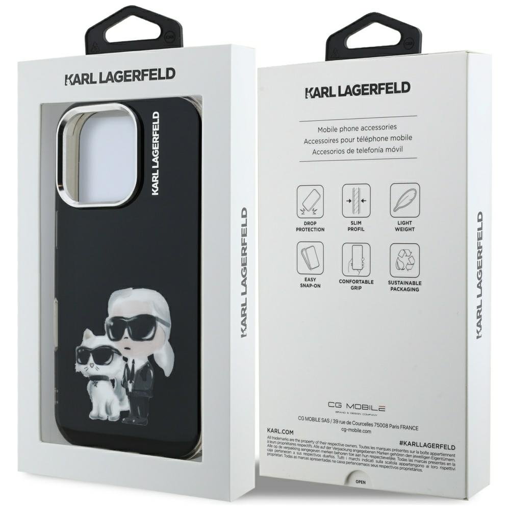 Karl Lagerfeld IML Aquarelle Karl & Choupette & Logo iPhone 16 Pro vāciņš, melns