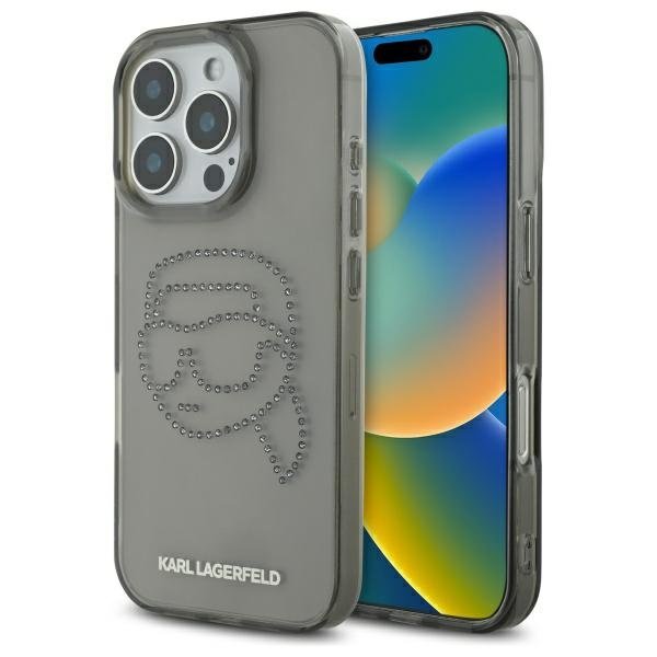 Karl Lagerfeld KLHCP16XHKHDCELK iPhone 16 Pro Max 6,9" melns cietais vāciņš ar IML tehnoloģiju un strassiem, ar Karla galvas attēlu