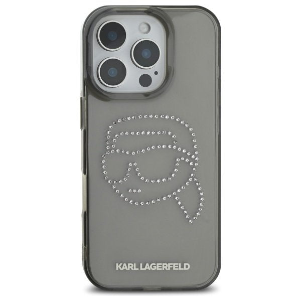 Karl Lagerfeld KLHCP16XHKHDCELK iPhone 16 Pro Max 6,9" melns cietais vāciņš ar IML tehnoloģiju un strassiem, ar Karla galvas attēlu