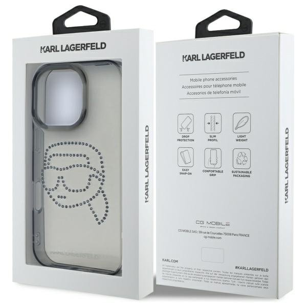 Karl Lagerfeld KLHCP16XHKHDCELK iPhone 16 Pro Max 6,9" melns cietais vāciņš ar IML tehnoloģiju un strassiem, ar Karla galvas attēlu