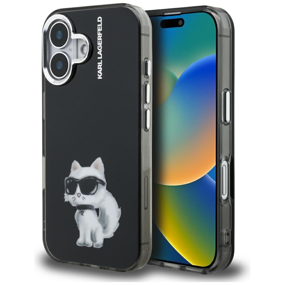 Karl Lagerfeld IML Aquarelle iPhone 16 vāciņš ar Choupette un logotipu, melns