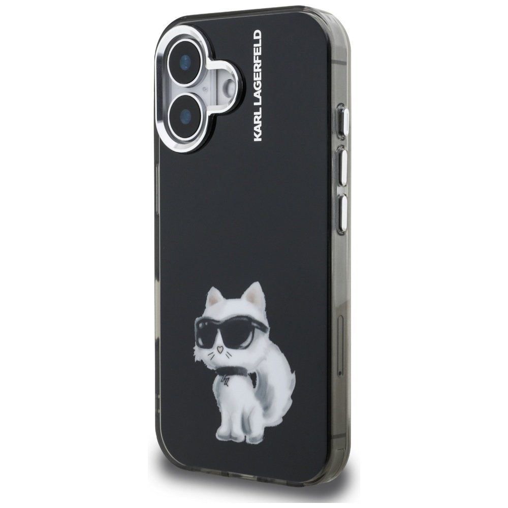 Karl Lagerfeld IML Aquarelle iPhone 16 vāciņš ar Choupette un logotipu, melns