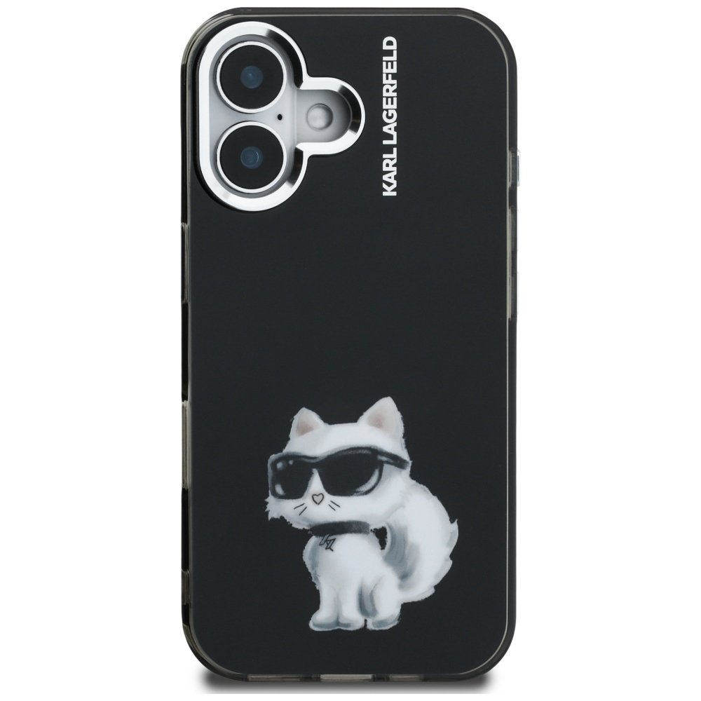 Karl Lagerfeld IML Aquarelle iPhone 16 vāciņš ar Choupette un logotipu, melns