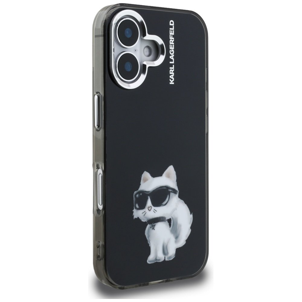 Karl Lagerfeld IML Aquarelle iPhone 16 vāciņš ar Choupette un logotipu, melns