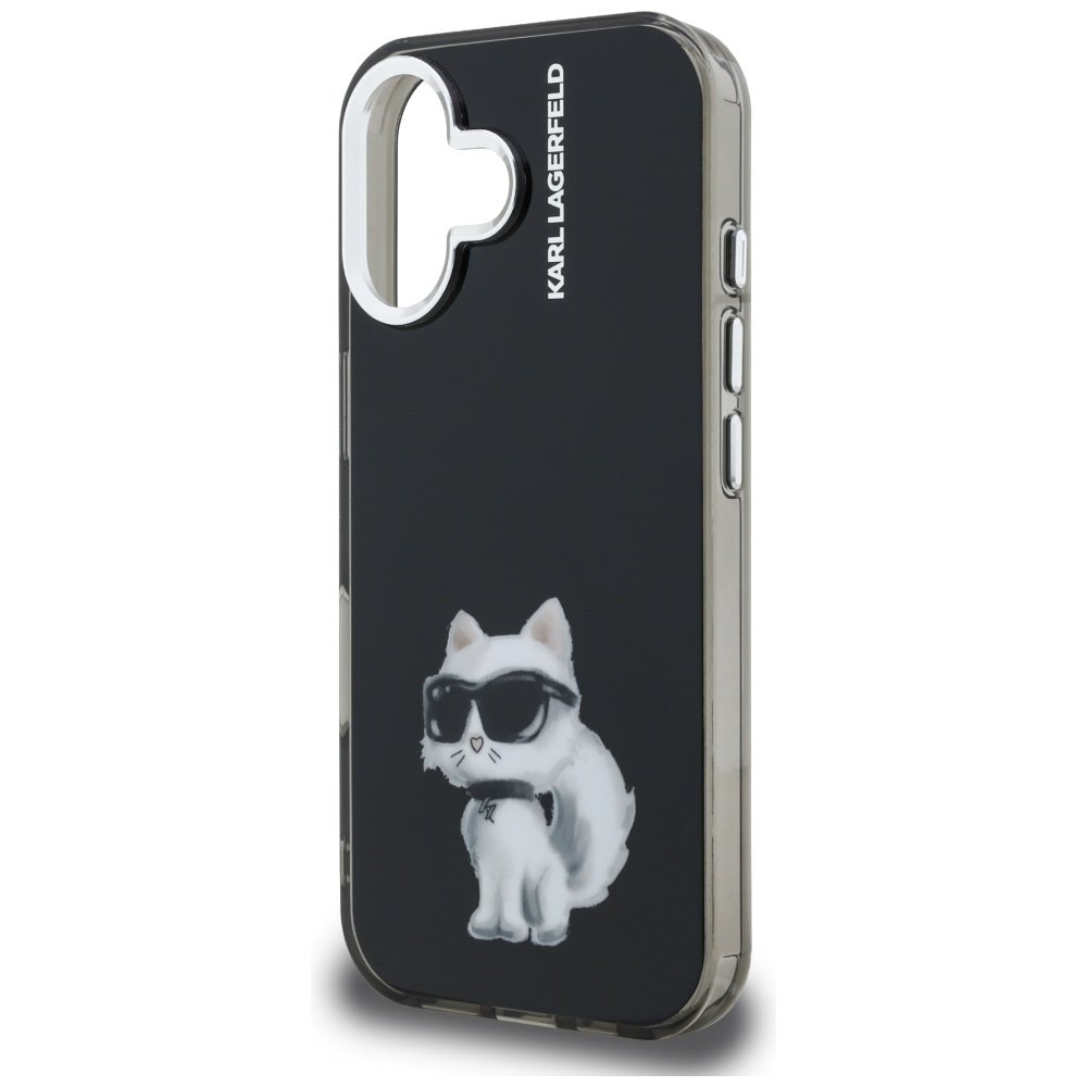 Karl Lagerfeld IML Aquarelle iPhone 16 vāciņš ar Choupette un logotipu, melns