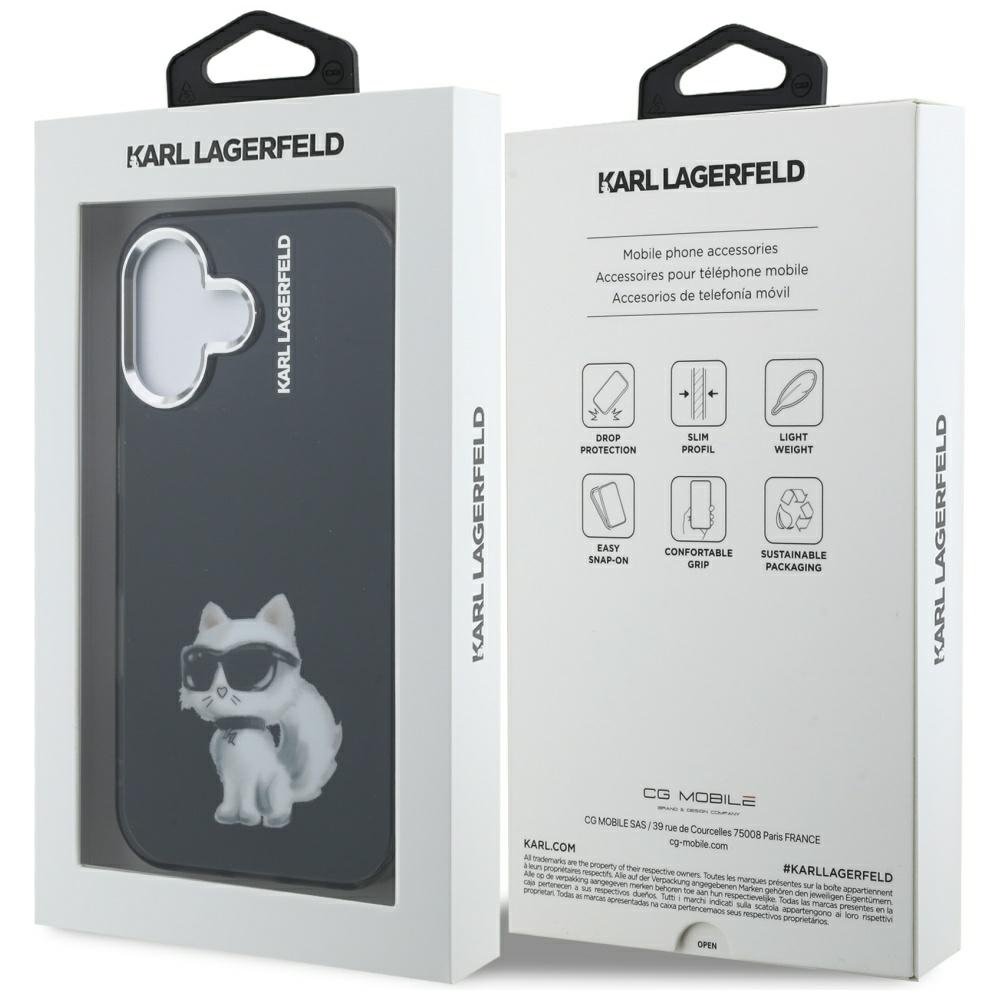 Karl Lagerfeld IML Aquarelle iPhone 16 vāciņš ar Choupette un logotipu, melns
