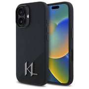 Karl Lagerfeld KLHMP16SSCMKMPCK iPhone 16 6,1" melns cietais vāciņš no silikona ar Shadow Metal iniciāļiem un MagSafe