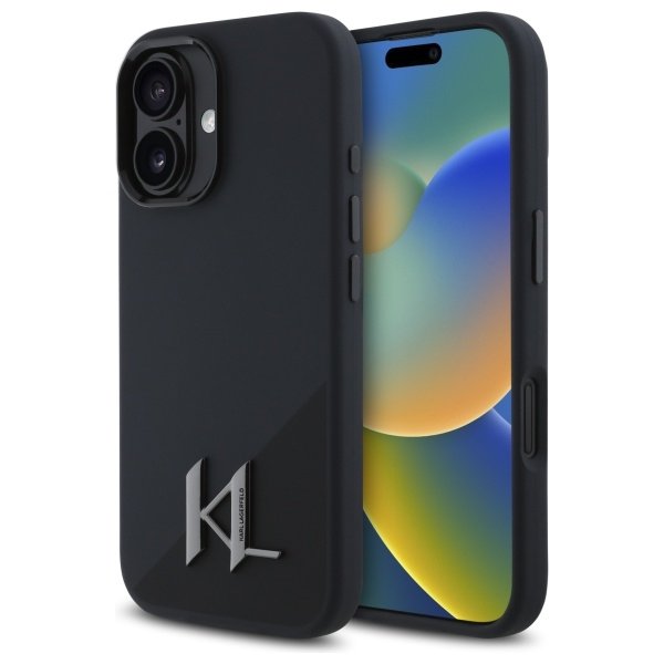 Karl Lagerfeld KLHMP16SSCMKMPCK iPhone 16 6,1" melns cietais vāciņš no silikona ar Shadow Metal iniciāļiem un MagSafe