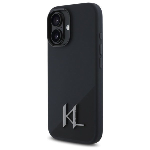 Karl Lagerfeld KLHMP16SSCMKMPCK iPhone 16 6,1" melns cietais vāciņš no silikona ar Shadow Metal iniciāļiem un MagSafe