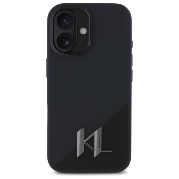 Karl Lagerfeld KLHMP16SSCMKMPCK iPhone 16 6,1" melns cietais vāciņš no silikona ar Shadow Metal iniciāļiem un MagSafe