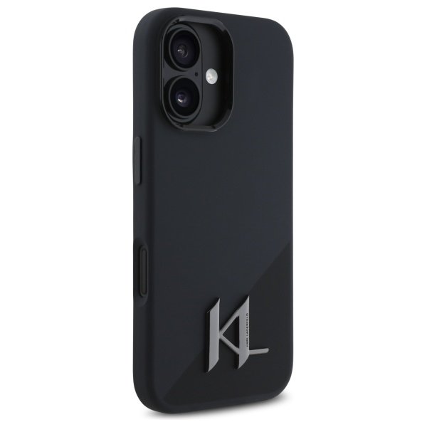 Karl Lagerfeld KLHMP16SSCMKMPCK iPhone 16 6,1" melns cietais vāciņš no silikona ar Shadow Metal iniciāļiem un MagSafe
