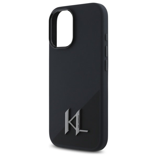 Karl Lagerfeld KLHMP16SSCMKMPCK iPhone 16 6,1" melns cietais vāciņš no silikona ar Shadow Metal iniciāļiem un MagSafe