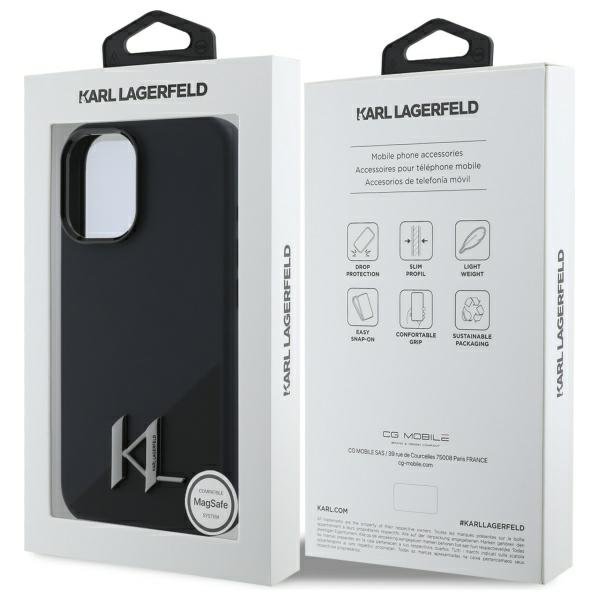 Karl Lagerfeld KLHMP16SSCMKMPCK iPhone 16 6,1" melns cietais vāciņš no silikona ar Shadow Metal iniciāļiem un MagSafe