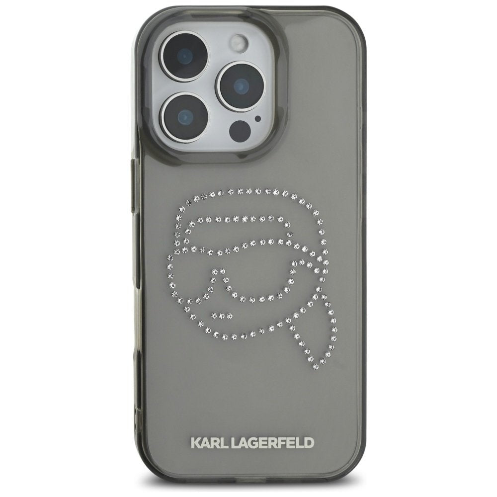 Karl Lagerfeld IML strassu vāciņš iPhone 16 Pro, melns
