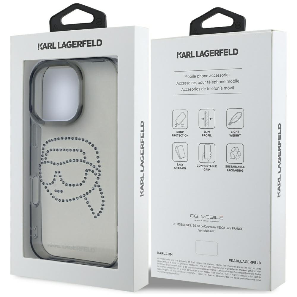 Karl Lagerfeld IML strassu vāciņš iPhone 16 Pro, melns