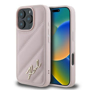 Karl Lagerfeld KLHCP16LPQDSMGP iPhone 16 Pro cietais vāciņš Quilted Signature rozā krāsā