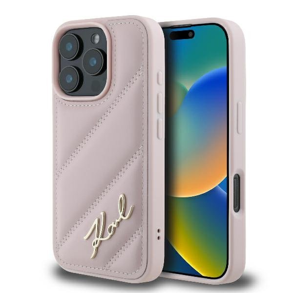 Karl Lagerfeld KLHCP16LPQDSMGP iPhone 16 Pro cietais vāciņš Quilted Signature rozā krāsā