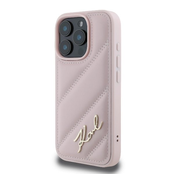 Karl Lagerfeld KLHCP16LPQDSMGP iPhone 16 Pro cietais vāciņš Quilted Signature rozā krāsā