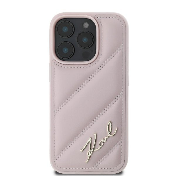 Karl Lagerfeld KLHCP16LPQDSMGP iPhone 16 Pro cietais vāciņš Quilted Signature rozā krāsā