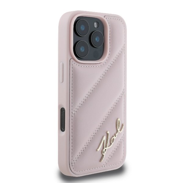 Karl Lagerfeld KLHCP16LPQDSMGP iPhone 16 Pro cietais vāciņš Quilted Signature rozā krāsā