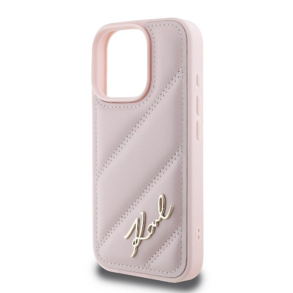 Karl Lagerfeld KLHCP16LPQDSMGP iPhone 16 Pro cietais vāciņš Quilted Signature rozā krāsā