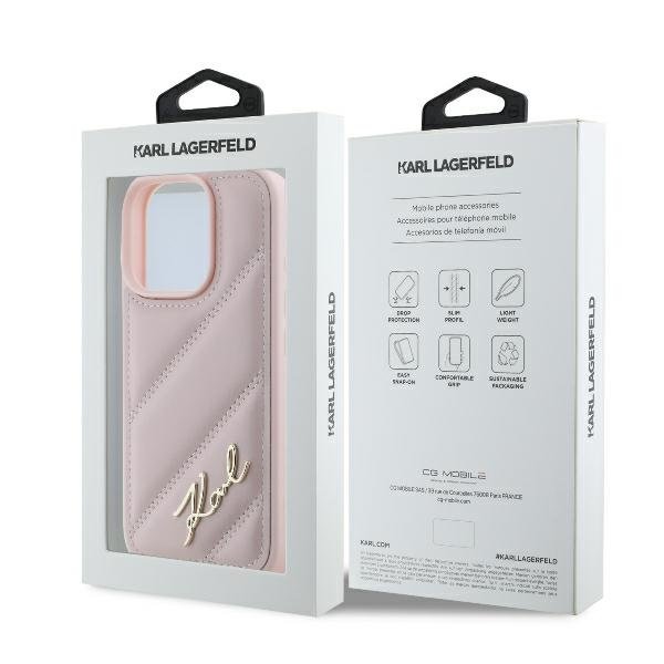 Karl Lagerfeld KLHCP16LPQDSMGP iPhone 16 Pro cietais vāciņš Quilted Signature rozā krāsā