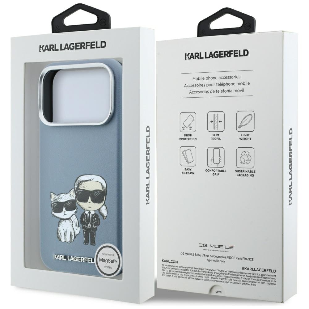 Karl Lagerfeld Smooth Karl Choupette Bodies Sketch MagSafe vāciņš iPhone 18 Pro / 17 Pro, gaiši zils