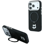 Karl Lagerfeld ar gredzenveida statīvu 360 Choupette Head Pin MagSafe vāciņu iPhone 18 Pro / 17 Pro, melns