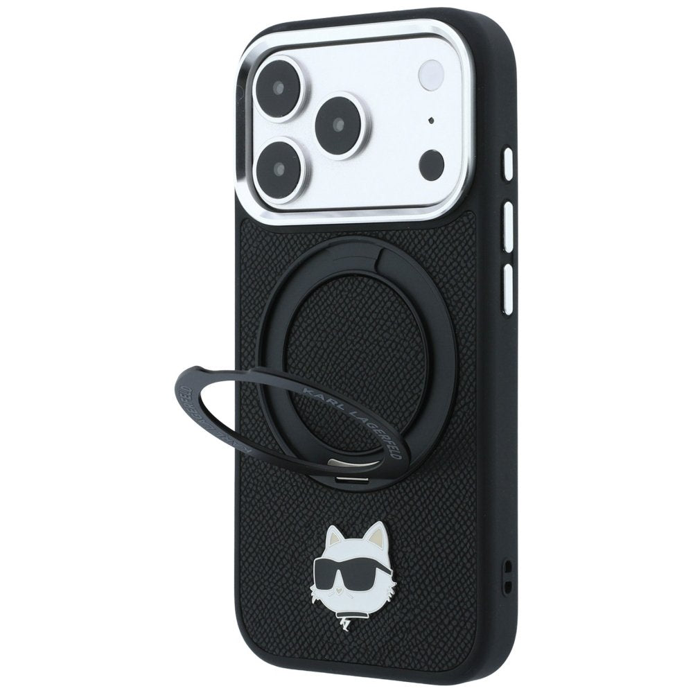 Karl Lagerfeld ar gredzenveida statīvu 360 Choupette Head Pin MagSafe vāciņu iPhone 18 Pro / 17 Pro, melns